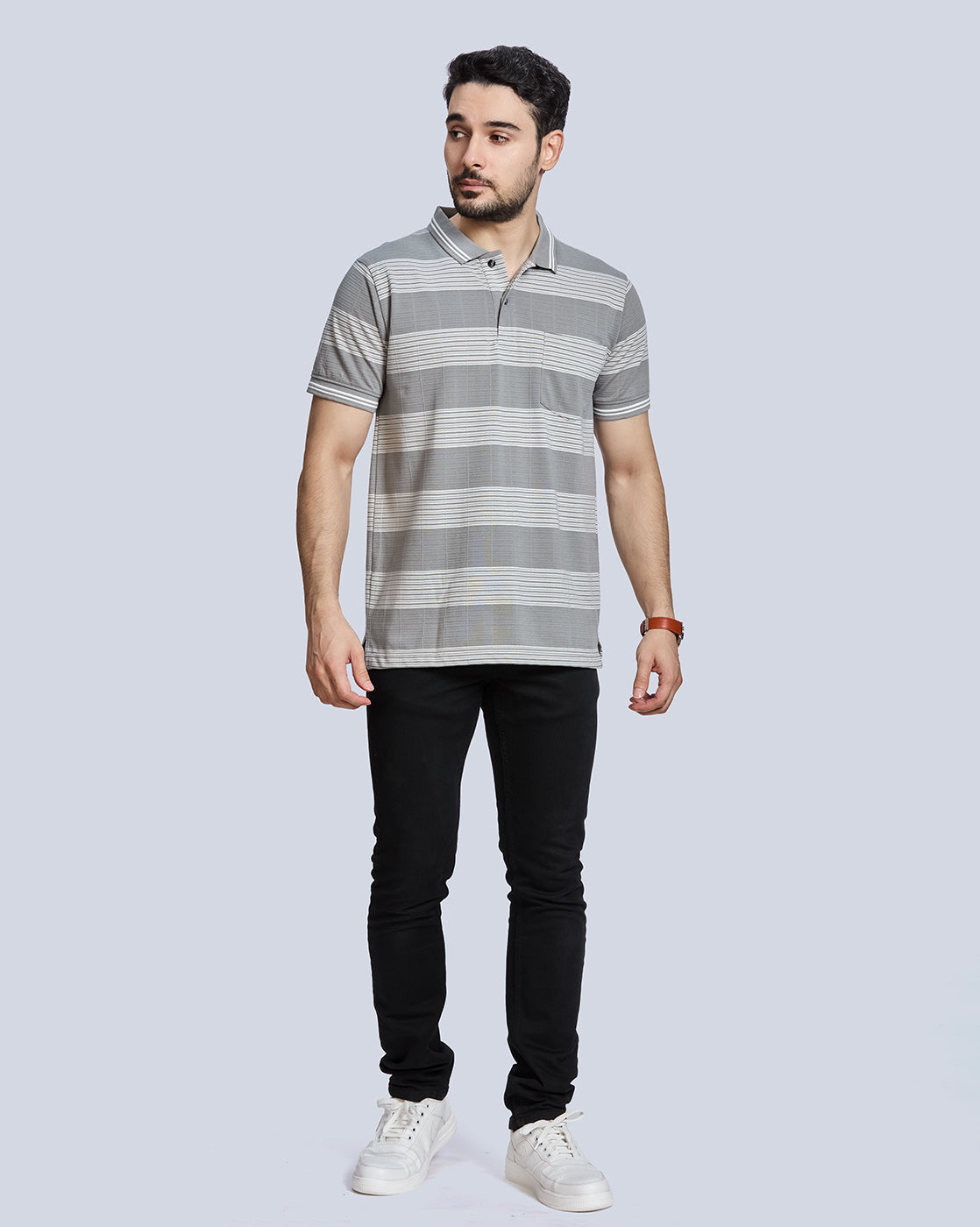 Grey Striped Polo Neck T-Shirt