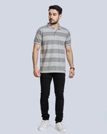Grey Striped Polo Neck T-Shirt