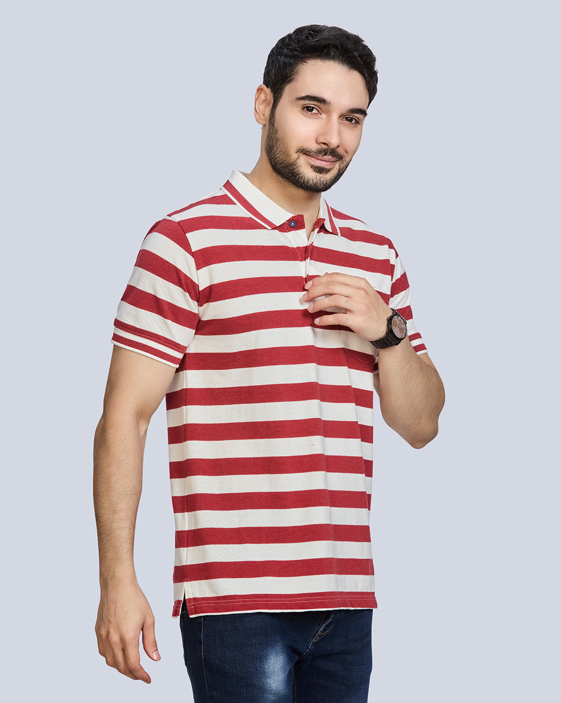 Red Striped Polo Neck T-Shirt