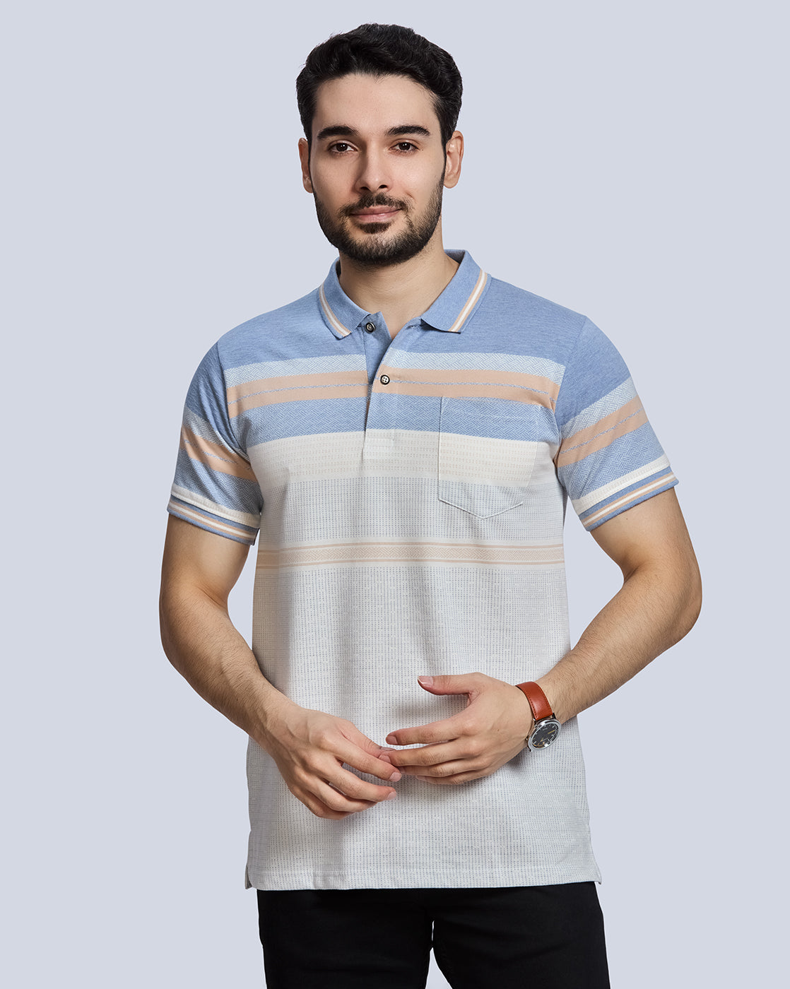 Sky Milange Striped Polo Neck T-Shirt