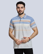 Sky Milange Striped Polo Neck T-Shirt