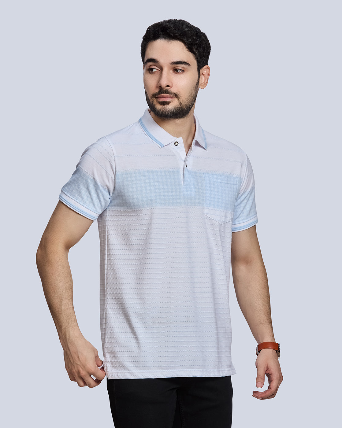 White with blue striped Polo Neck T-Shirt