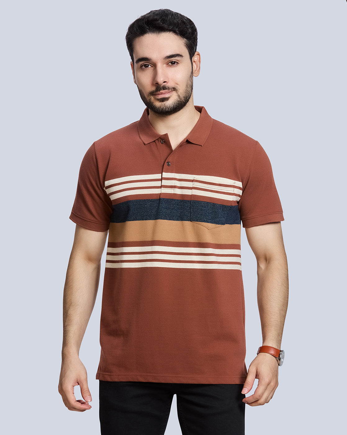 Rust Striped Polo Neck T-Shirt
