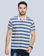 Blue Milange Striped Polo Neck T-Shirt