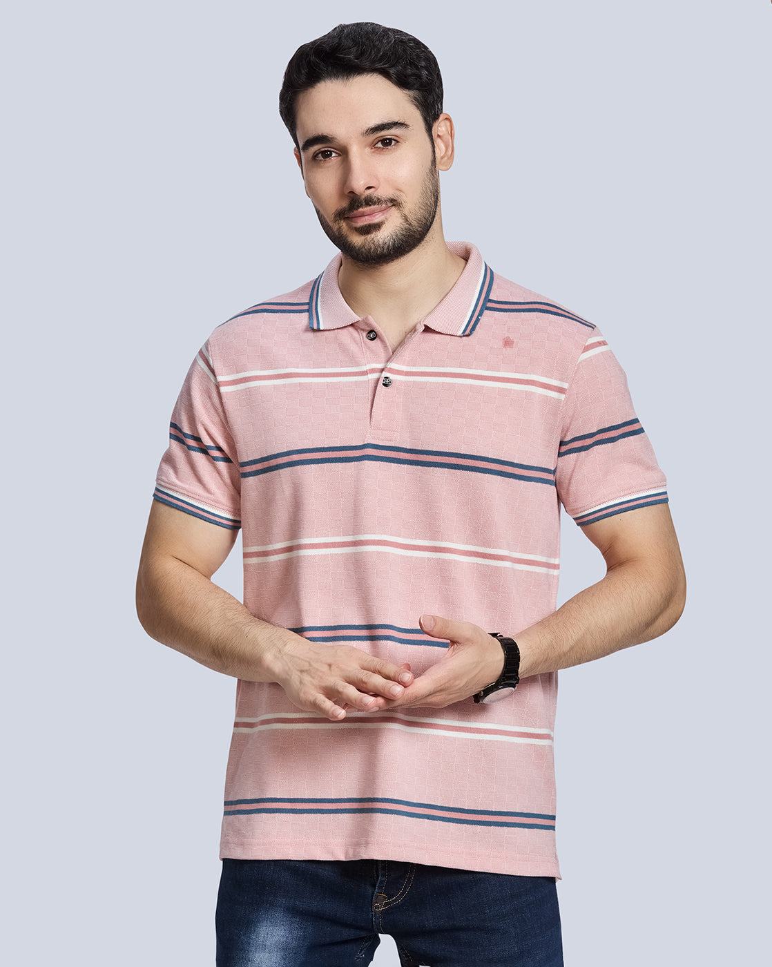 Pink Striped Polo Neck T-Shirt