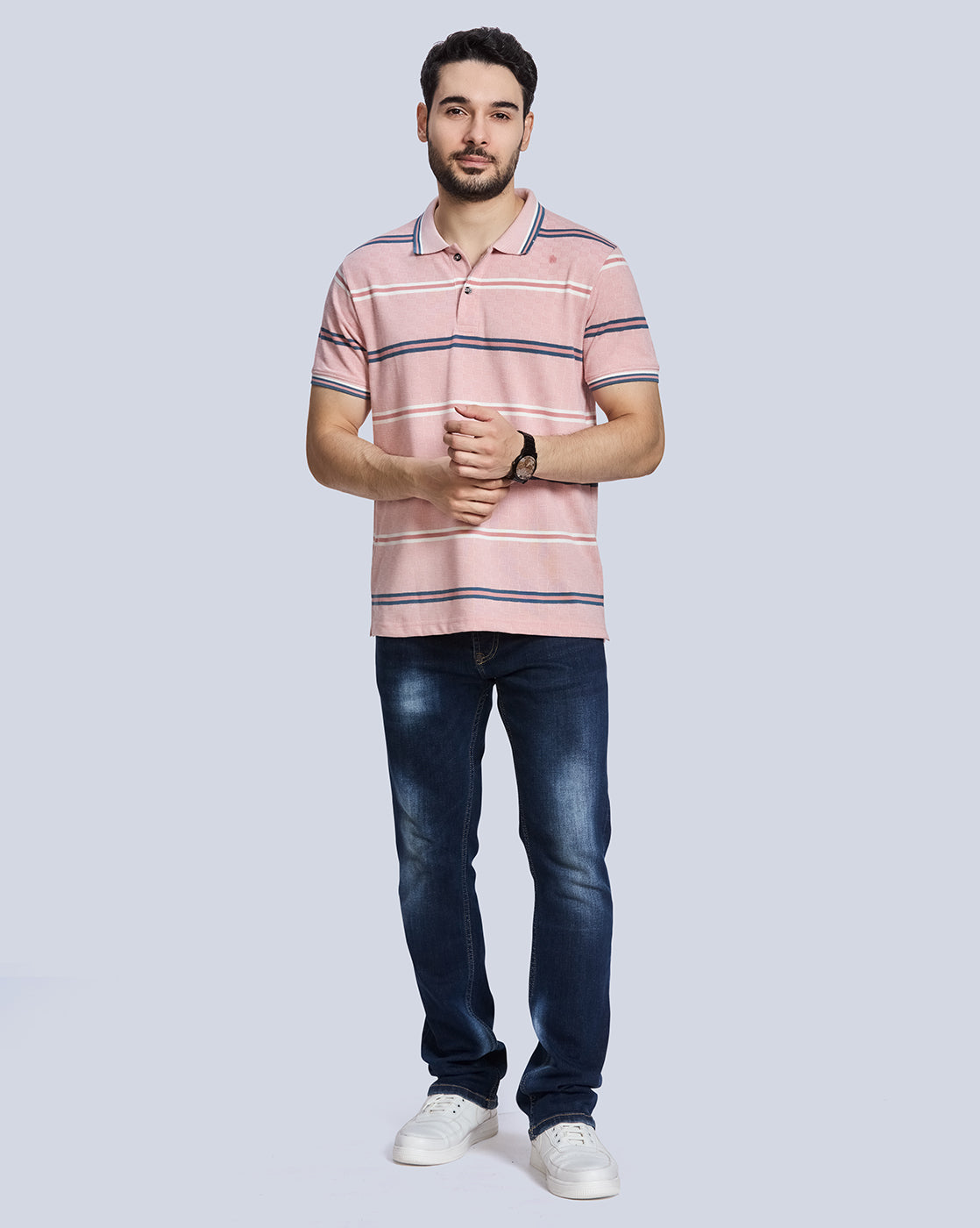 Pink Striped Polo Neck T-Shirt