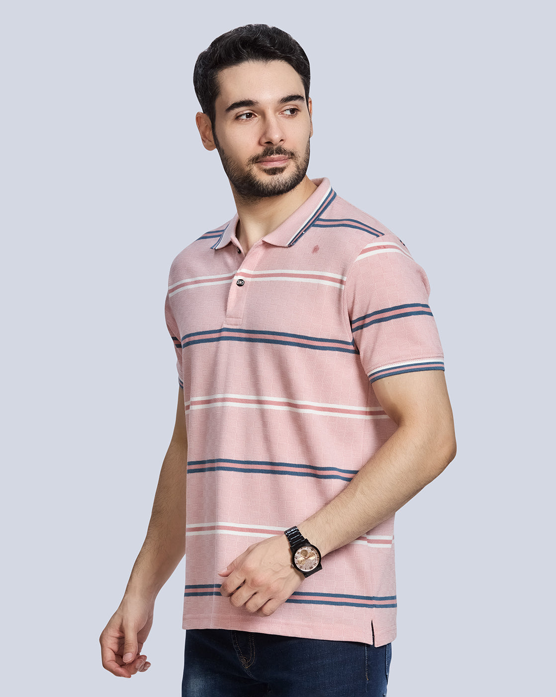 Pink Striped Polo Neck T-Shirt