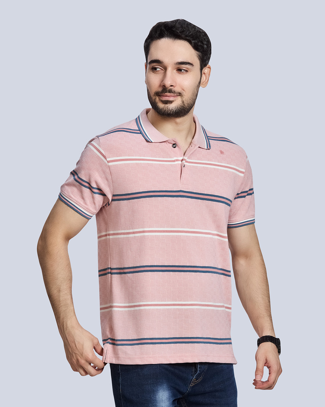 Pink Striped Polo Neck T-Shirt