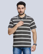 Charcoal Striped Polo Neck T-Shirt