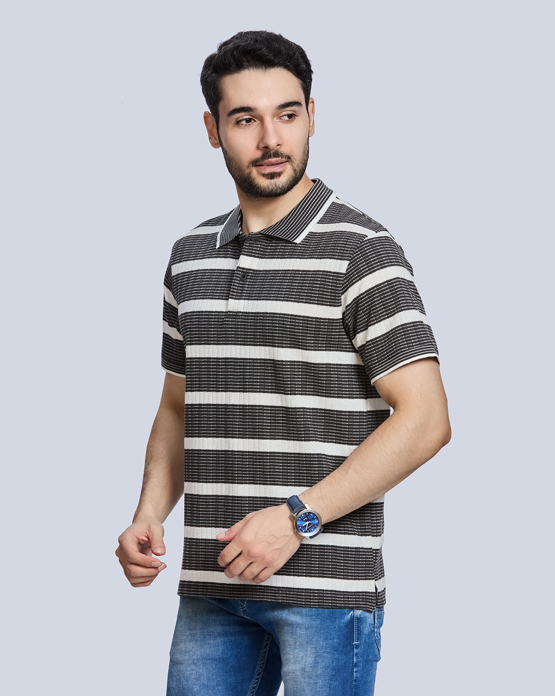 Charcoal Striped Polo Neck T-Shirt
