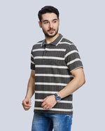 Charcoal Striped Polo Neck T-Shirt