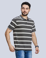 Charcoal Striped Polo Neck T-Shirt