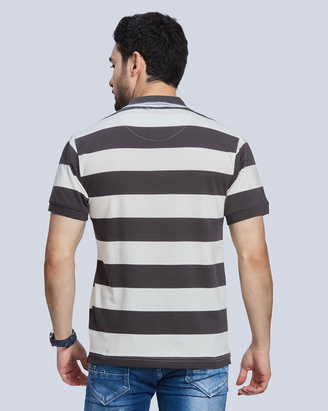 Dark Grey Strpied Polo Neck T-Shirt