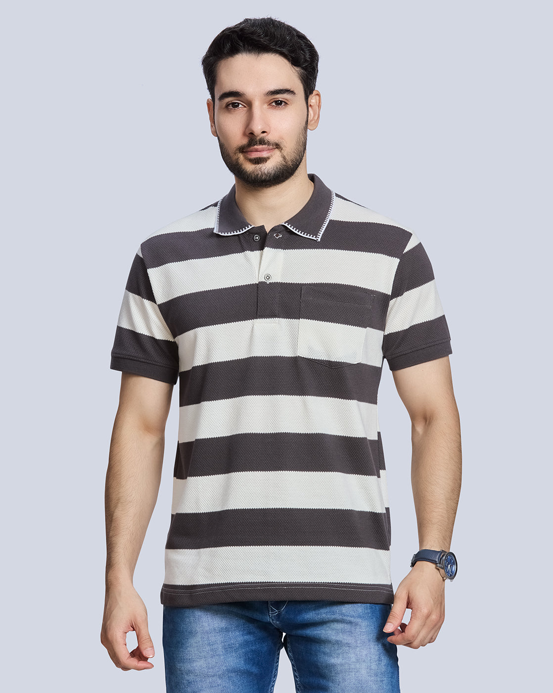 Dark Grey Strpied Polo Neck T-Shirt