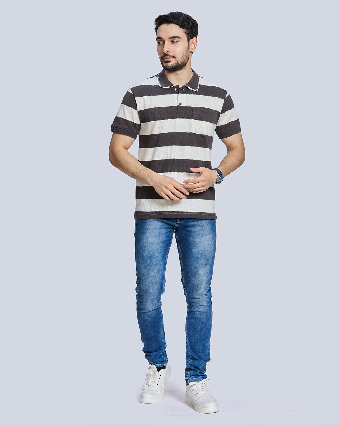 Dark Grey Strpied Polo Neck T-Shirt