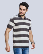 Dark Grey Strpied Polo Neck T-Shirt