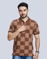 Brown Checked Polo Neck T-Shirt