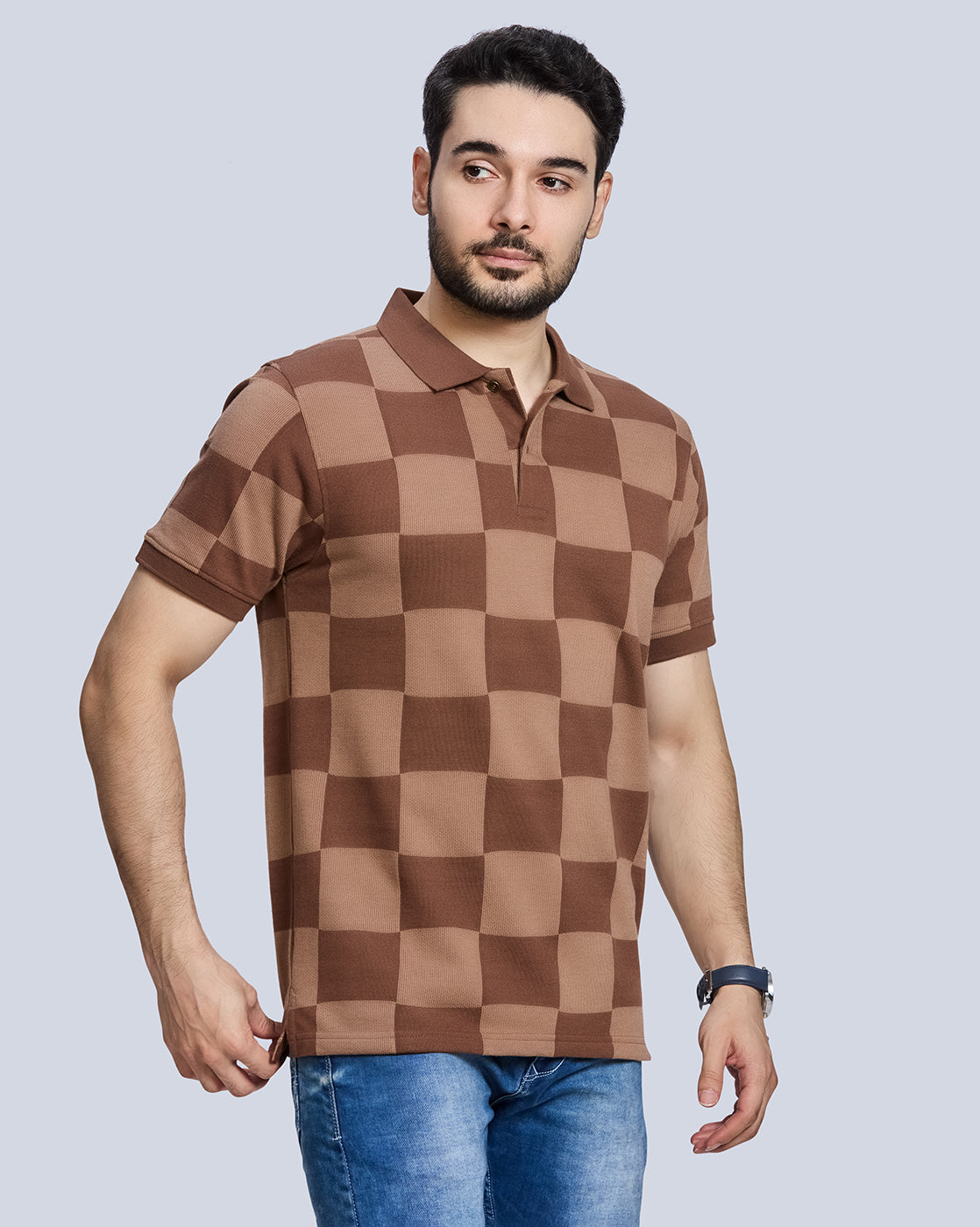 Brown Checked Polo Neck T-Shirt