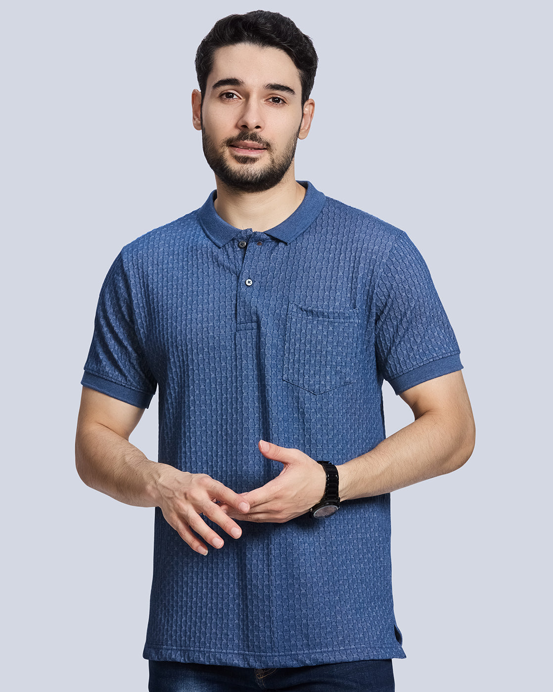 Blue Milange Checked Polo Neck T-Shirt