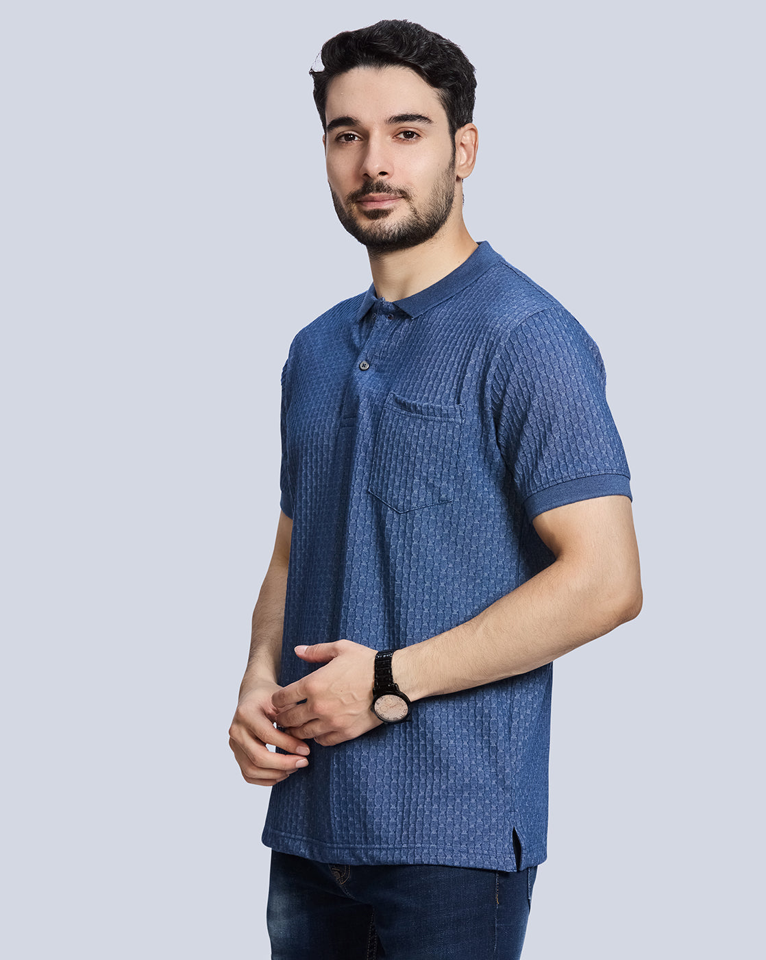 Blue Milange Checked Polo Neck T-Shirt