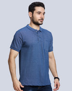 Blue Milange Checked Polo Neck T-Shirt