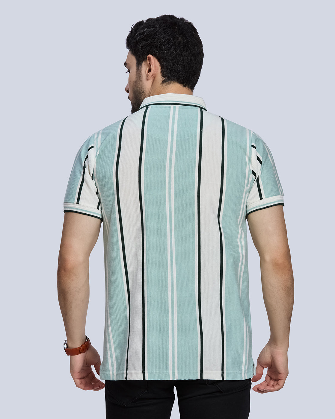 Light Aqua Striped Polo Neck T-Shirt
