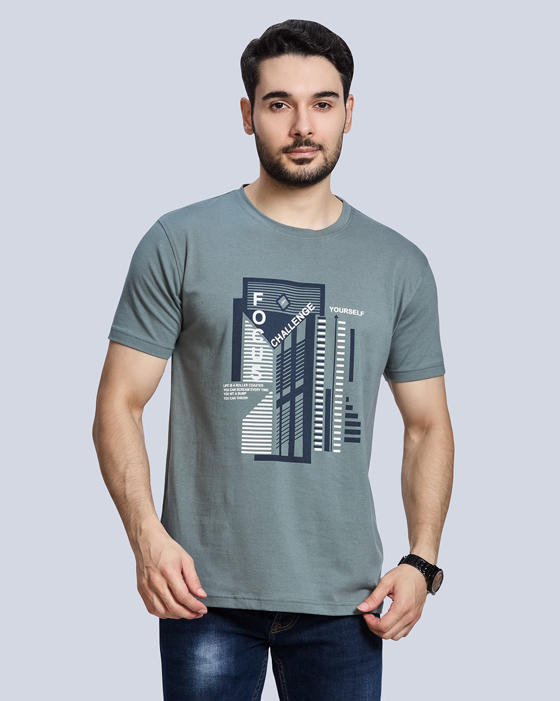 Grey Graphic Print Round Neck Cotton T-Shirt