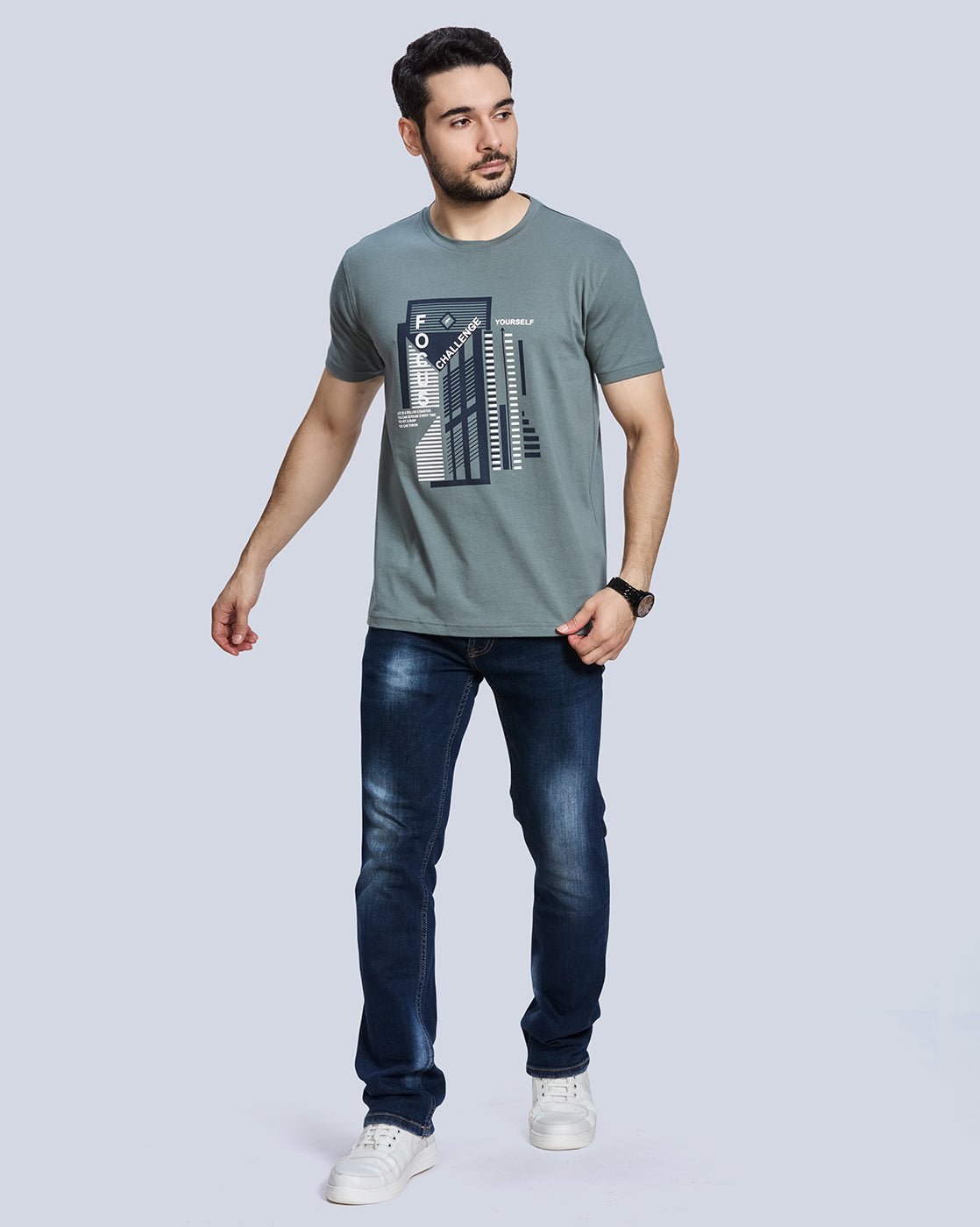 Grey Graphic Print Round Neck Cotton T-Shirt