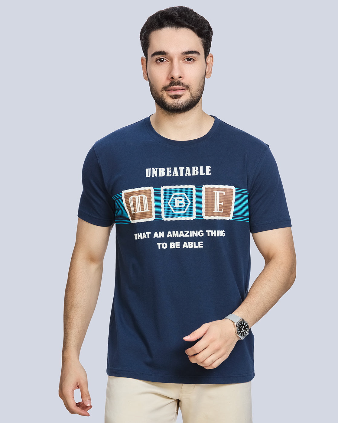 Navy Blue Graphic Print Round Neck Cotton T-Shirt