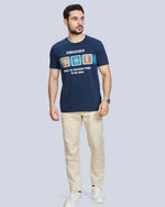 Navy Blue Graphic Print Round Neck Cotton T-Shirt