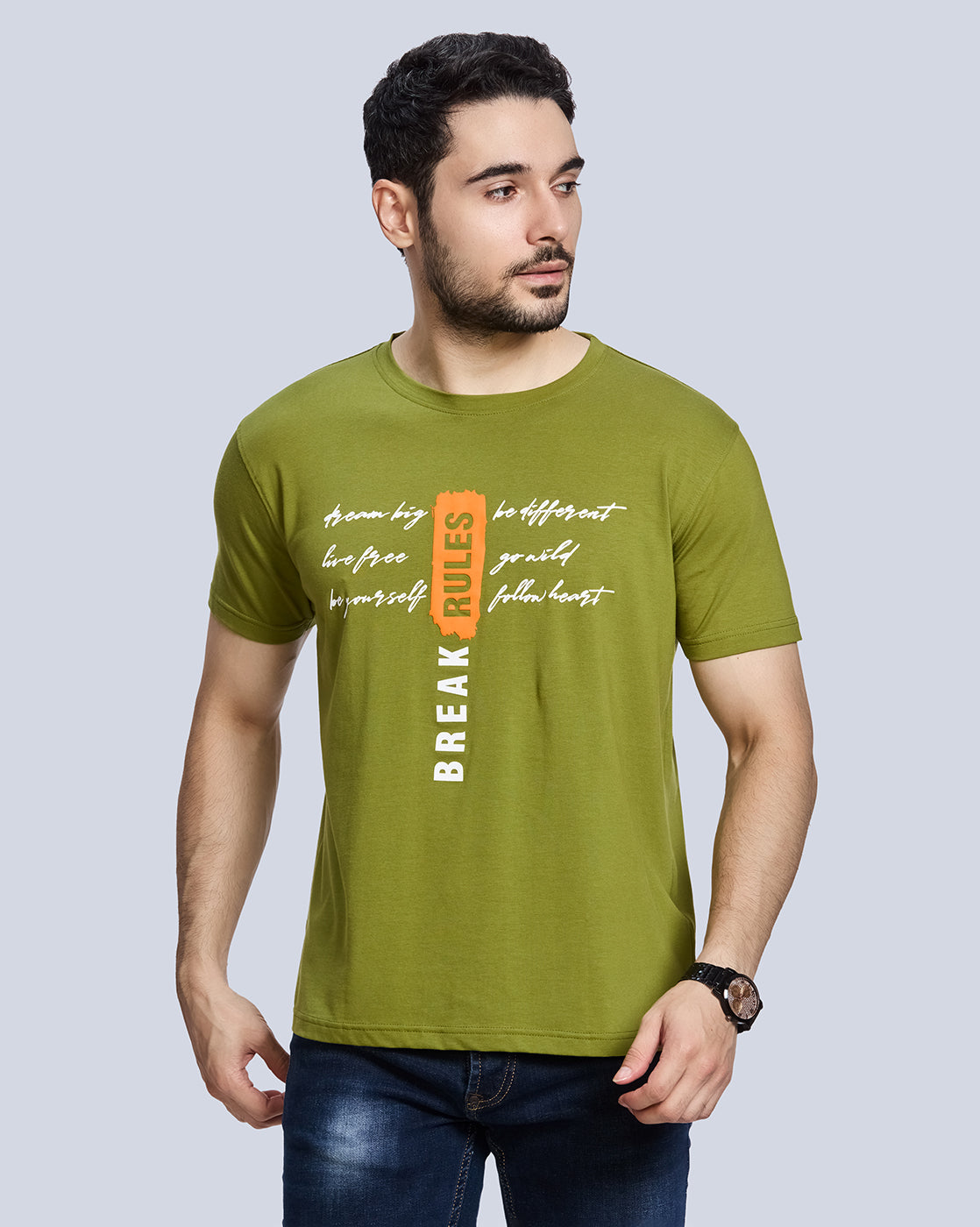 Green Graphic Print Round Neck Cotton T-Shirt