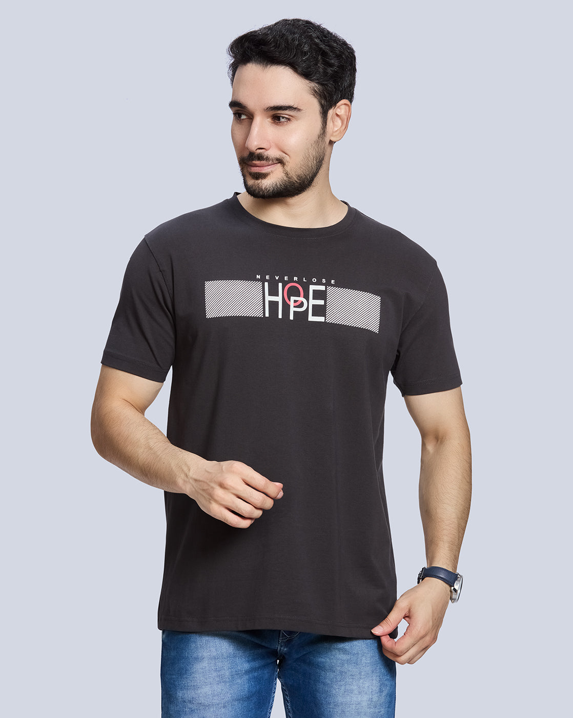 Dark Grey Graphic Print Round Neck Cotton T-Shirt