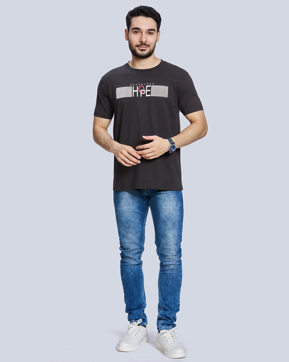 Dark Grey Graphic Print Round Neck Cotton T-Shirt