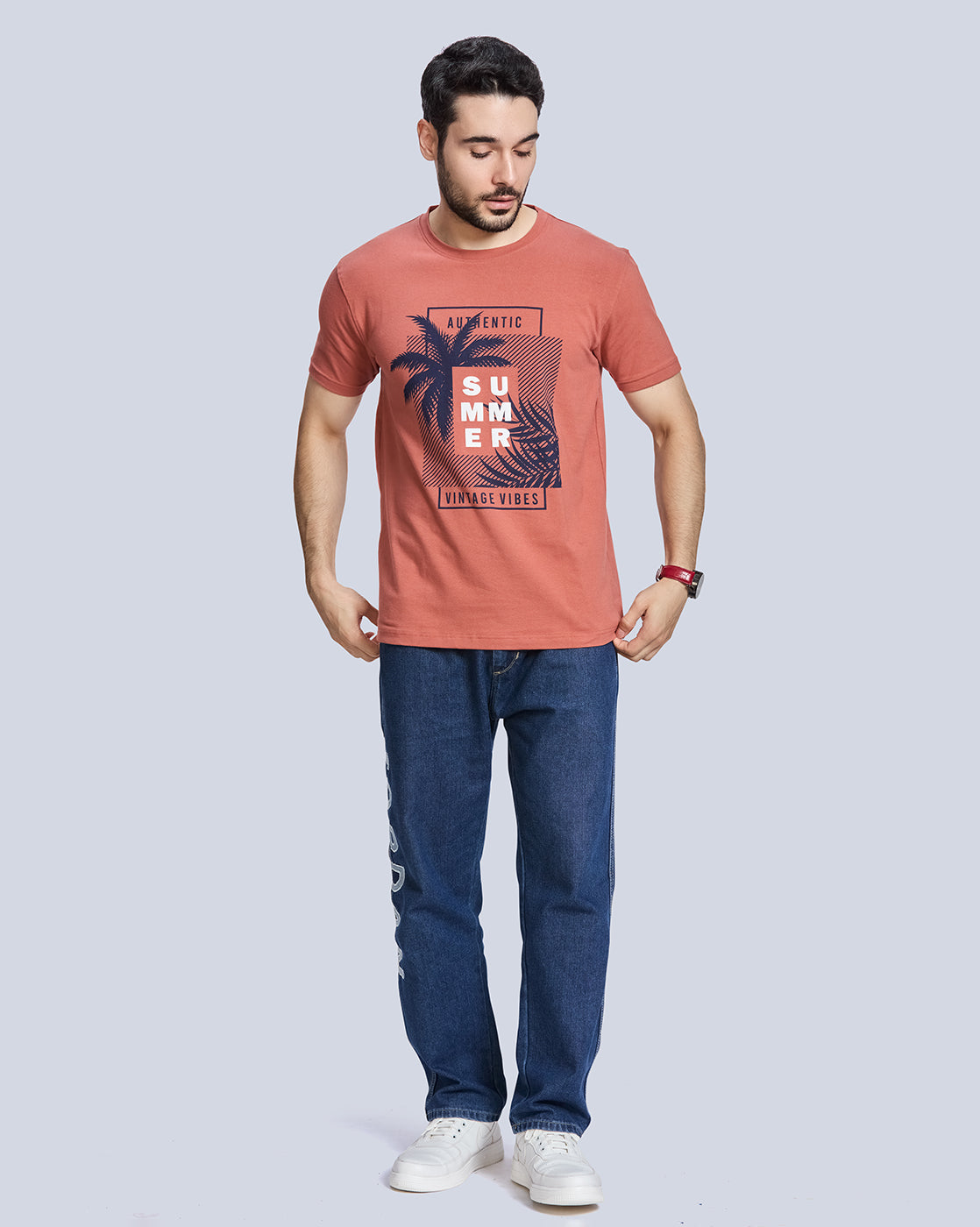 Rust Graphic Print Round Neck Cotton T-Shirt