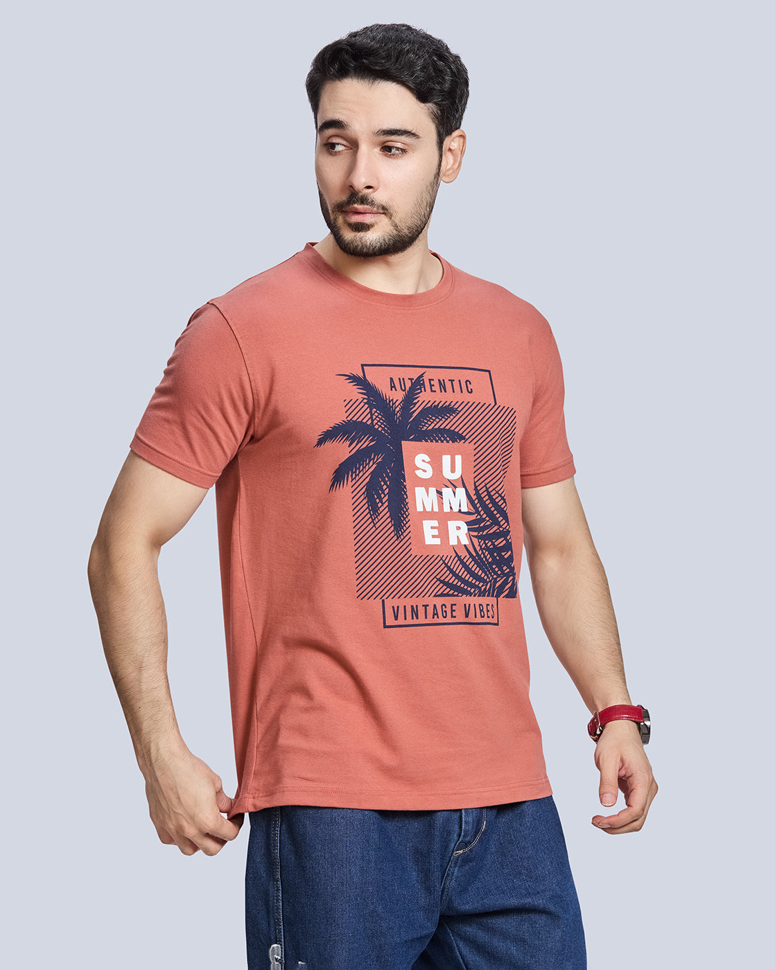 Rust Graphic Print Round Neck Cotton T-Shirt