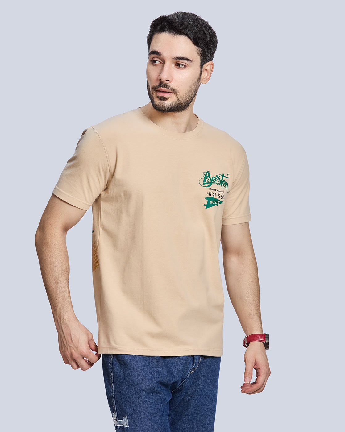 Skin Color Printed Round Neck Cotton T-Shirt