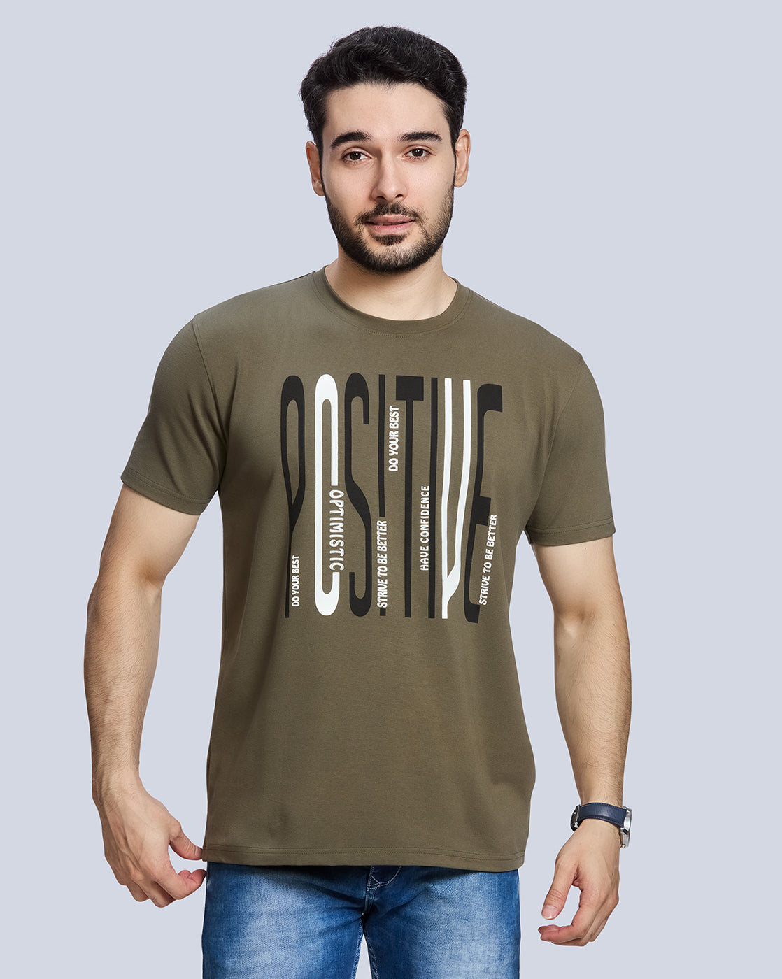 Olive Green Graphic Print Round Neck Cotton T-Shirt