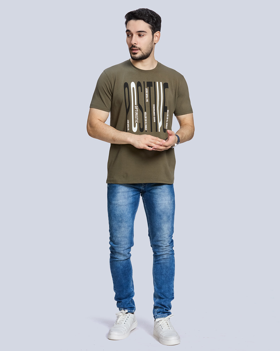 Olive Green Graphic Print Round Neck Cotton T-Shirt