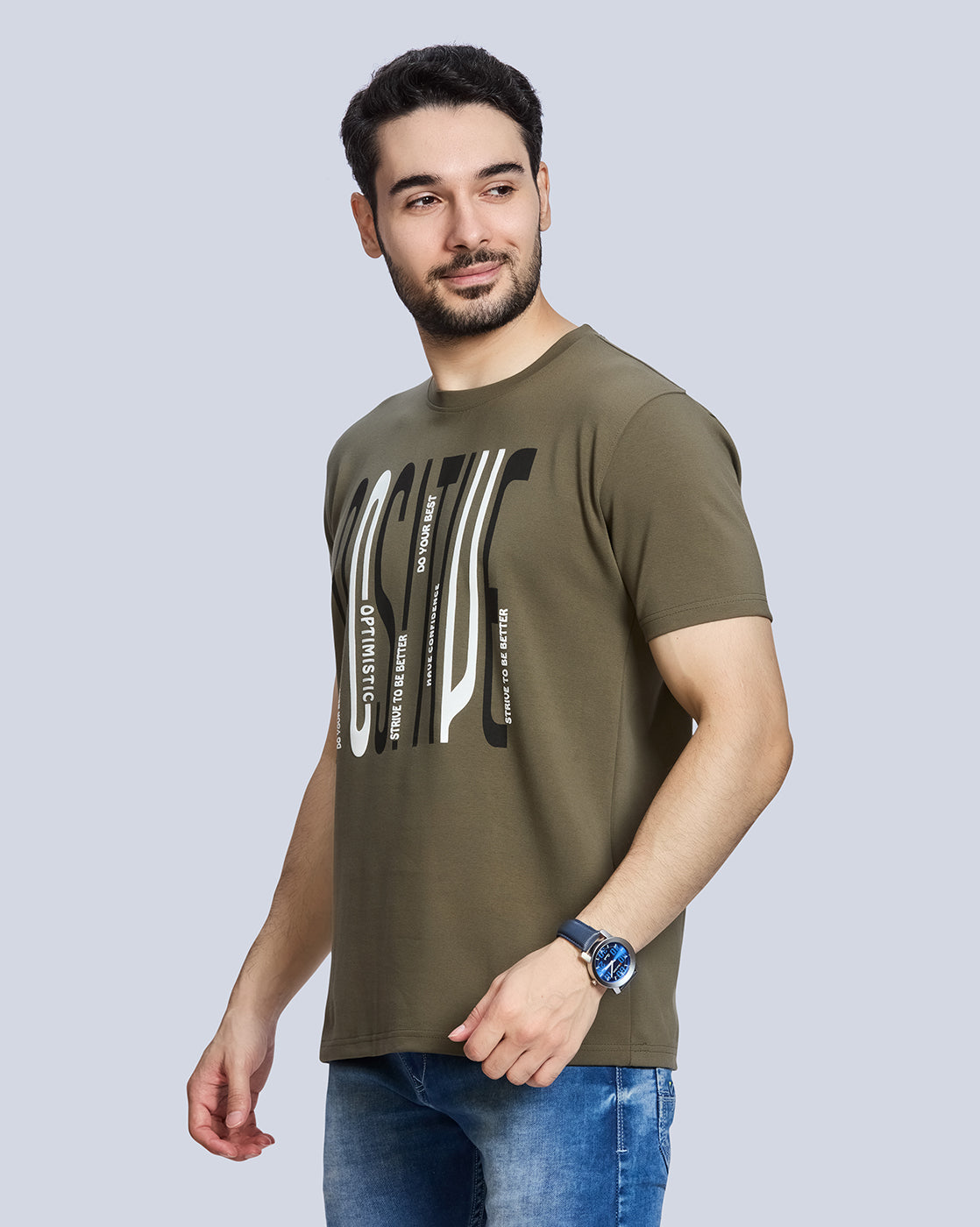 Olive Green Graphic Print Round Neck Cotton T-Shirt