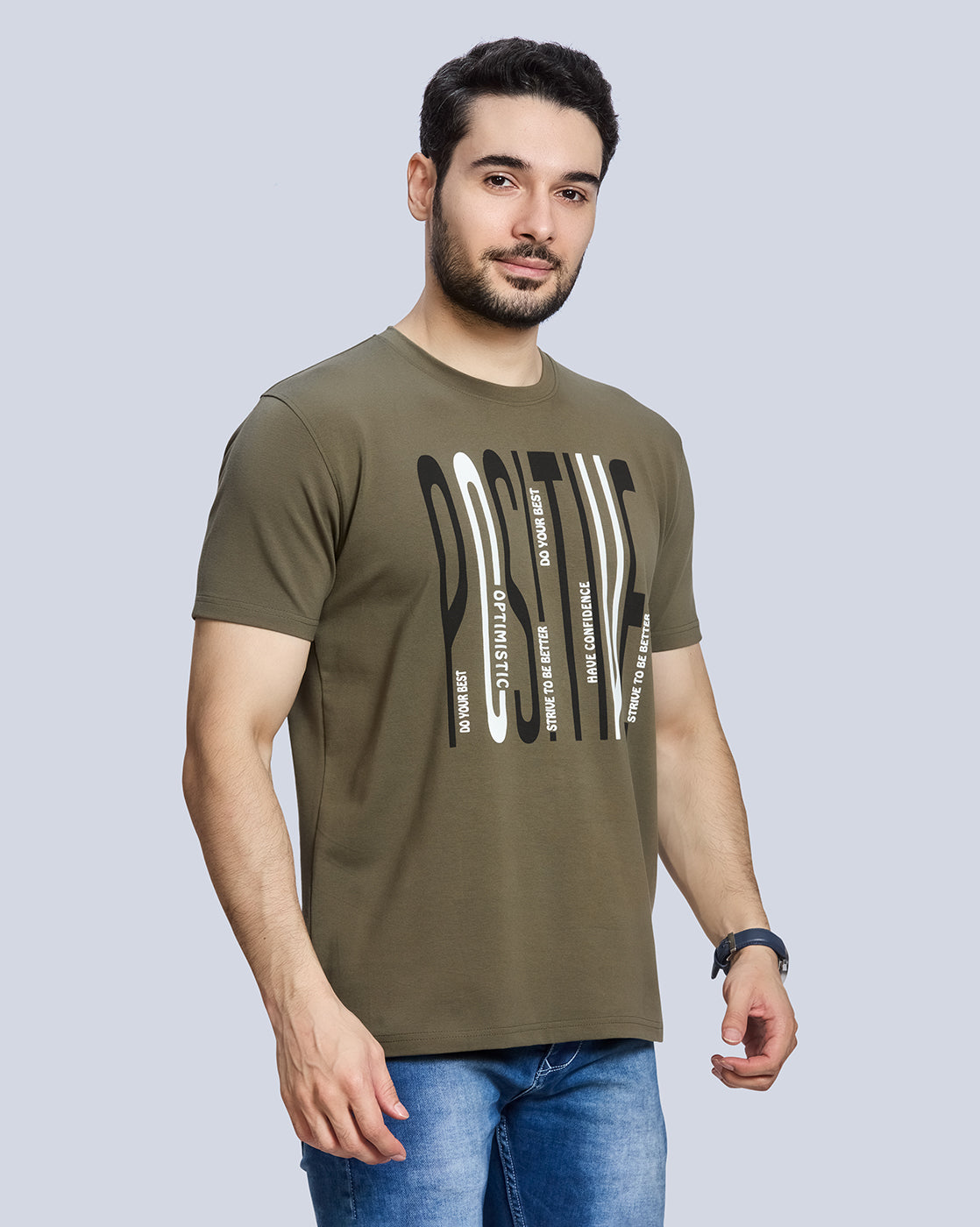 Olive Green Graphic Print Round Neck Cotton T-Shirt