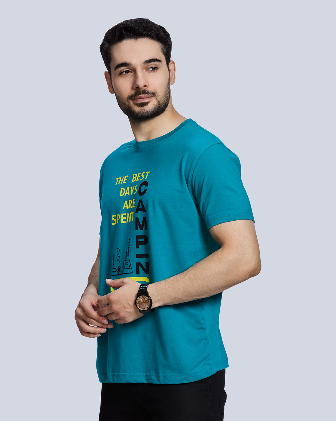 Blue Graphic Print Round Neck Cotton T-Shirt