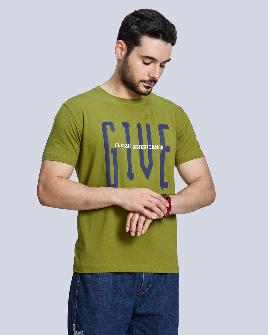 Green Printed Round Neck Cotton T-Shirt