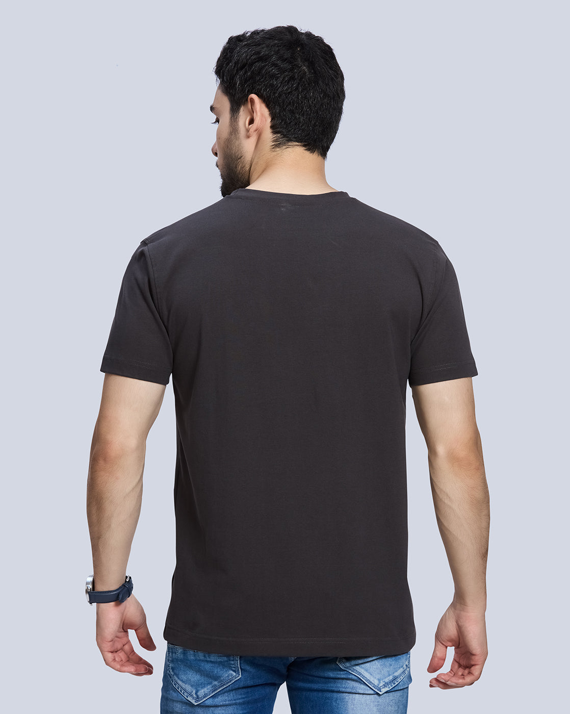 Dark Grey Printed Round Neck Cotton T-Shirt