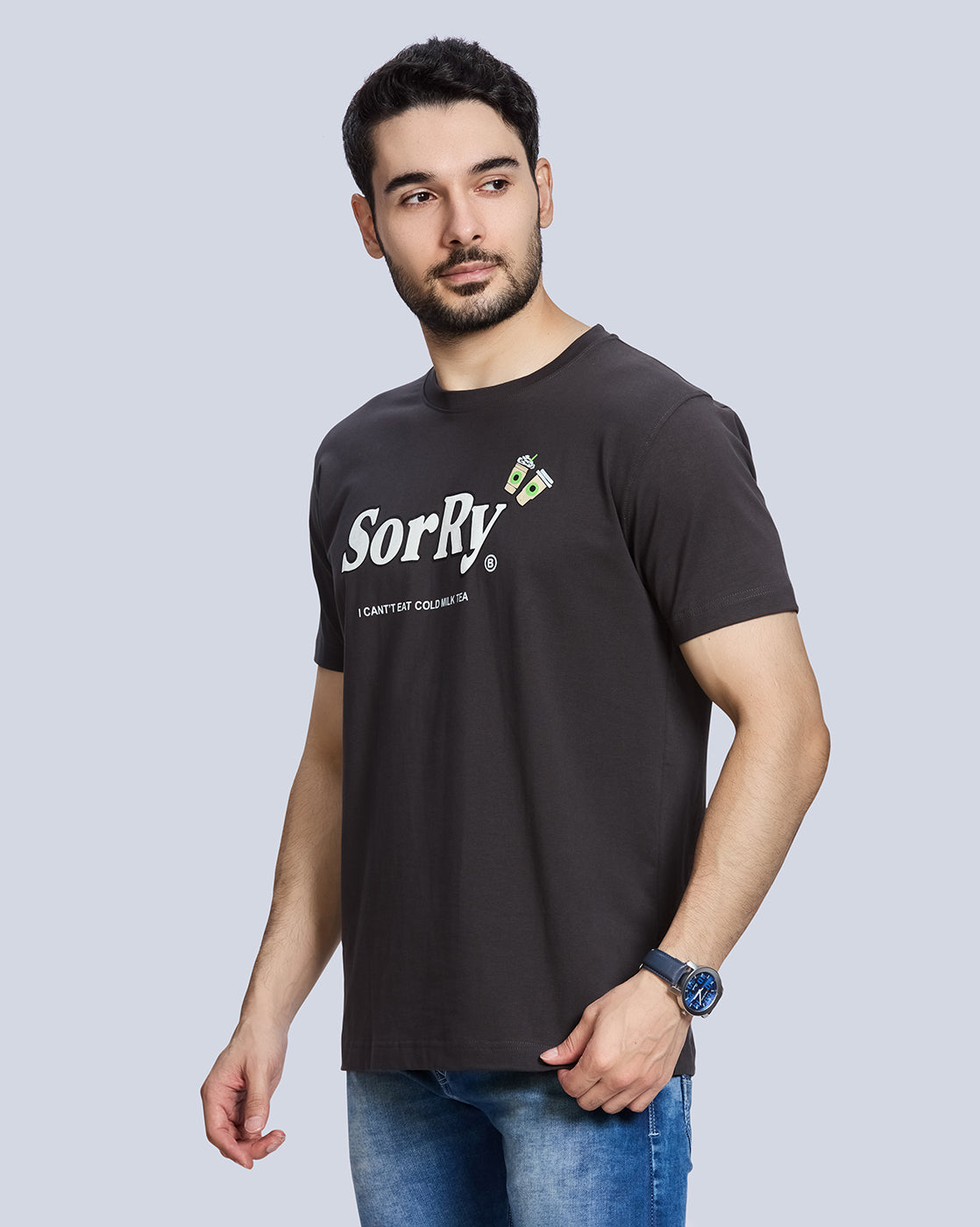 Dark Grey Printed Round Neck Cotton T-Shirt