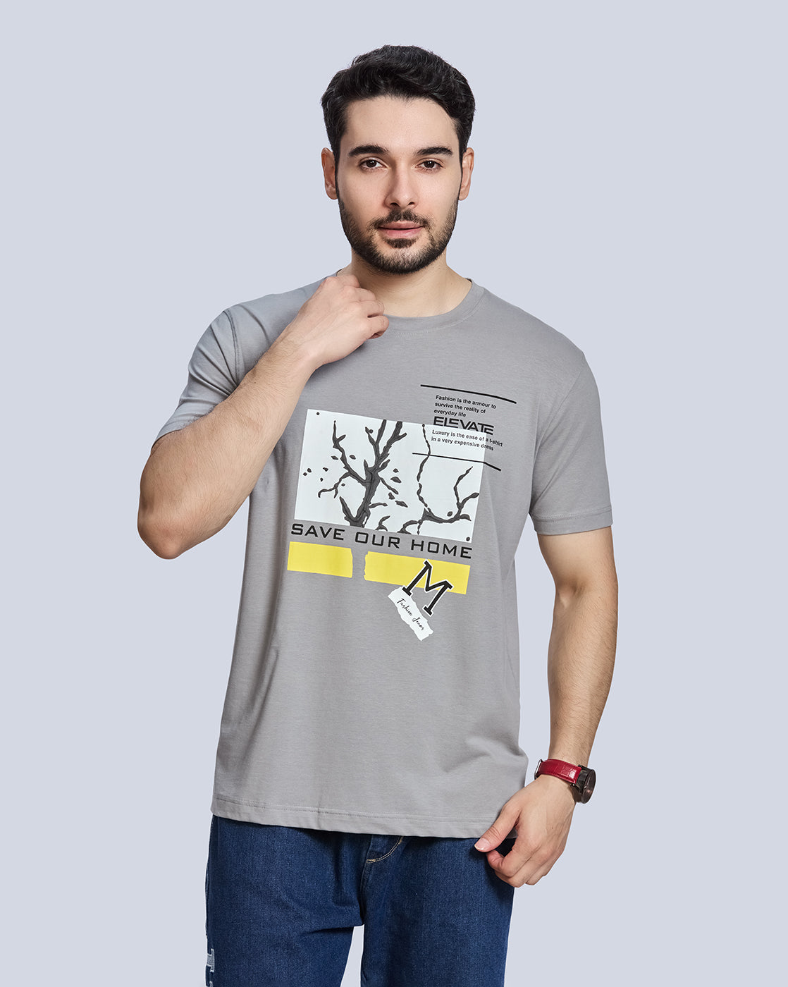 Steel Grey Graphic Print Round Neck Cotton T-Shirt