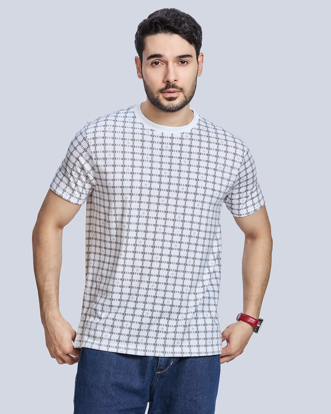 White All Over Printed Round Neck T-Shirt