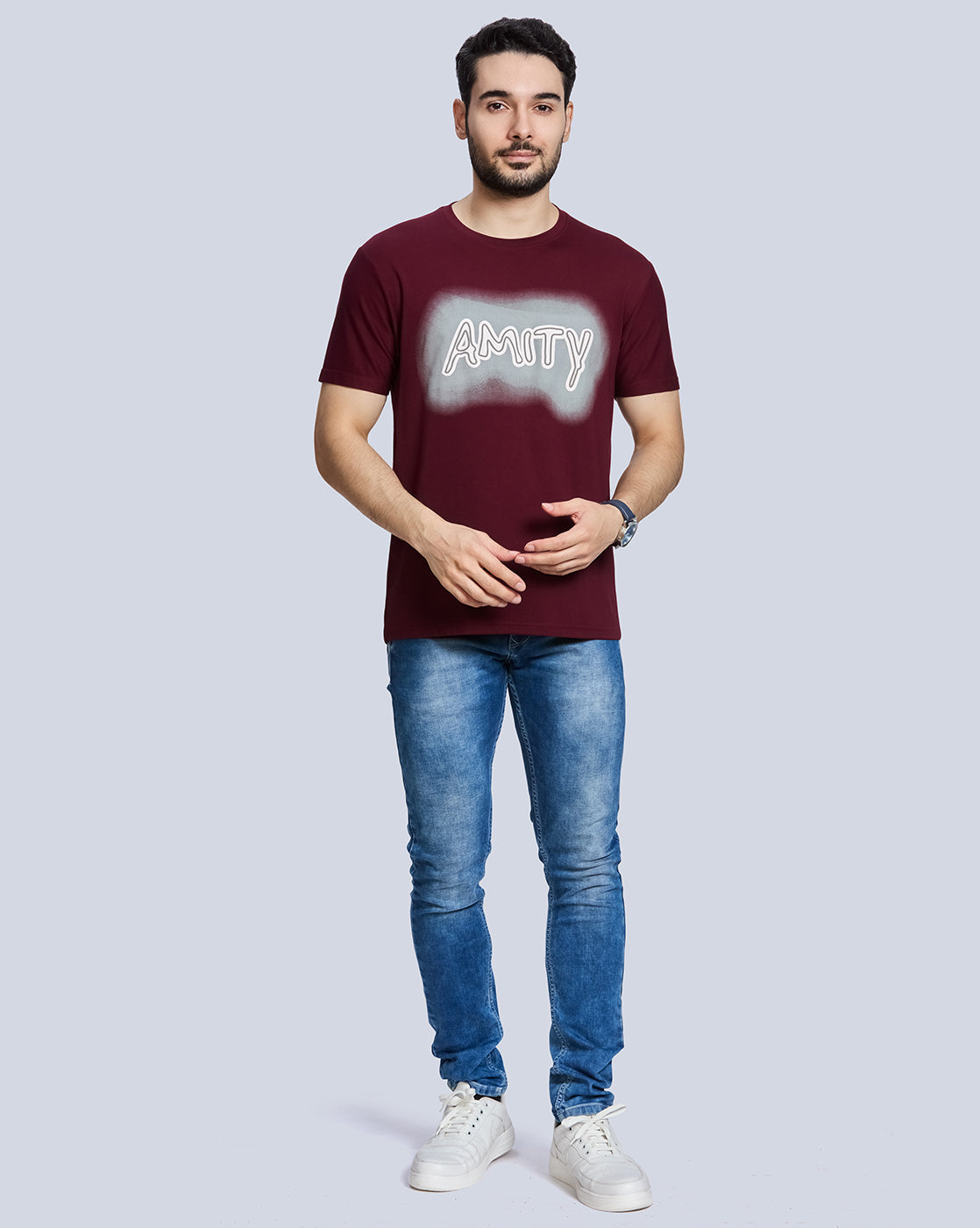 Marron Printed Round Neck Cotton T-Shirt
