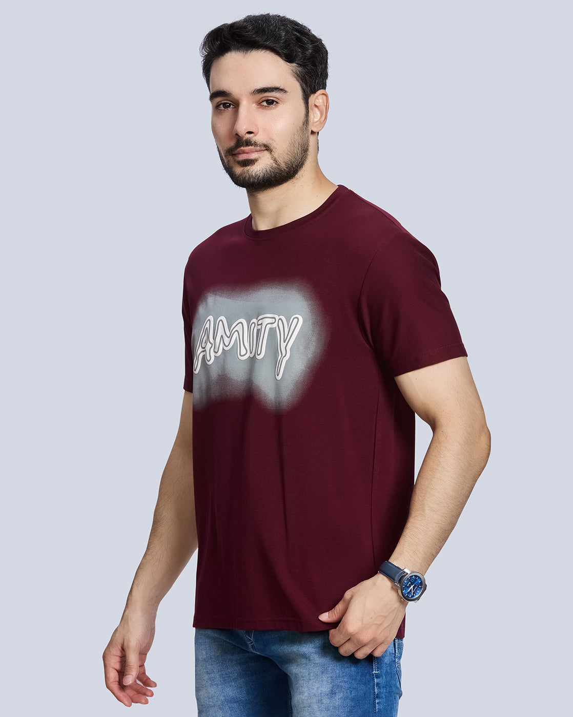 Marron Printed Round Neck Cotton T-Shirt
