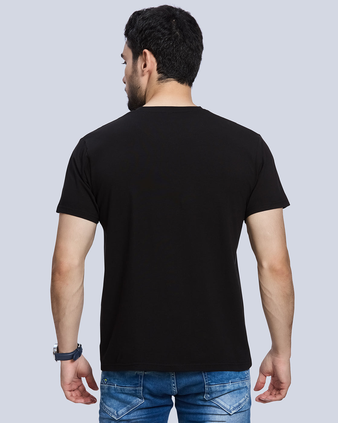 Black Printed Round Neck Cotton T-Shirt