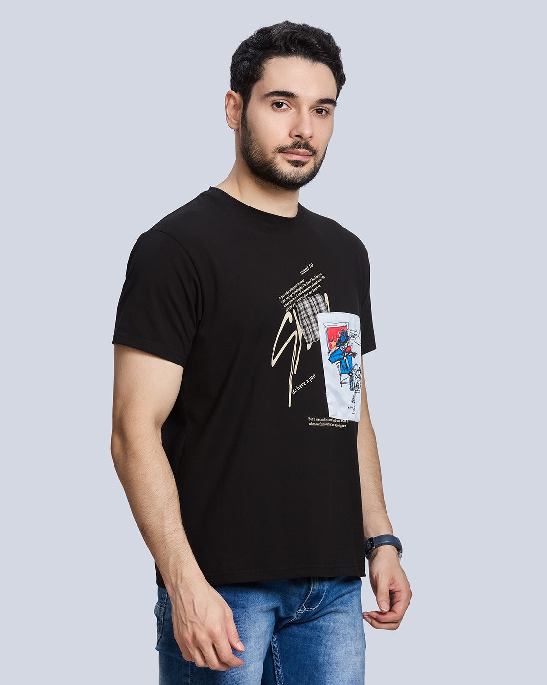 Black Printed Round Neck Cotton T-Shirt